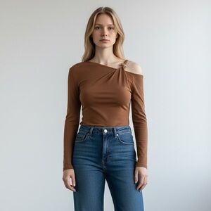 1213 • Warm Honey Brown Asymmetric Top w/Exposed Shoulder & Gold Metal Detail